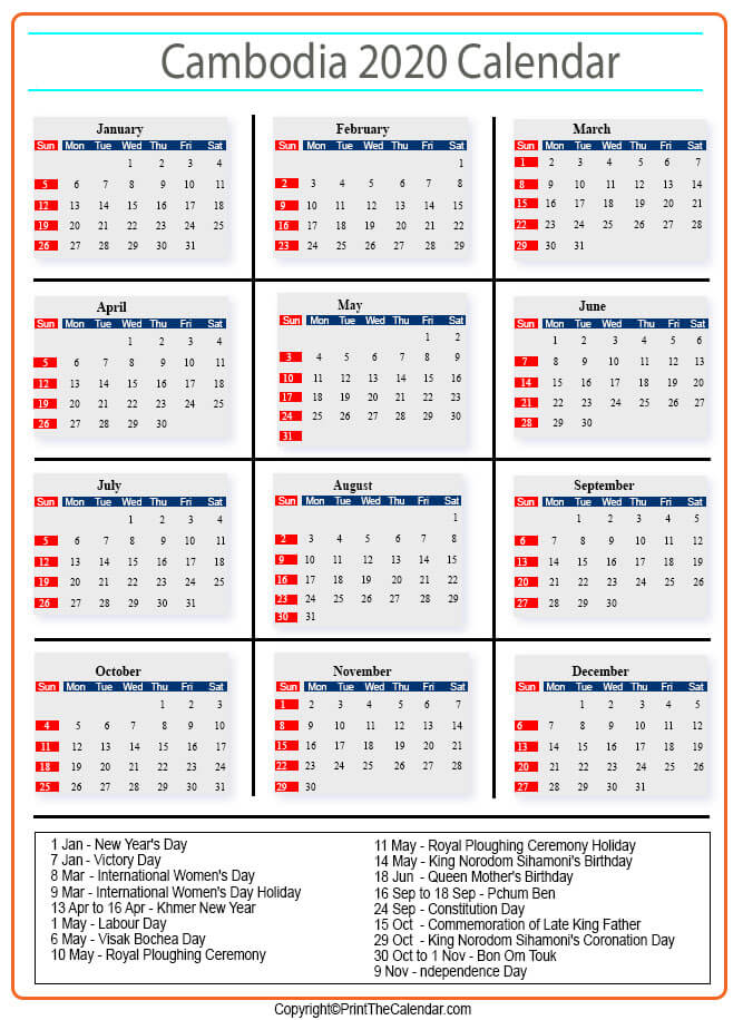 Cambodia Calendar 2020